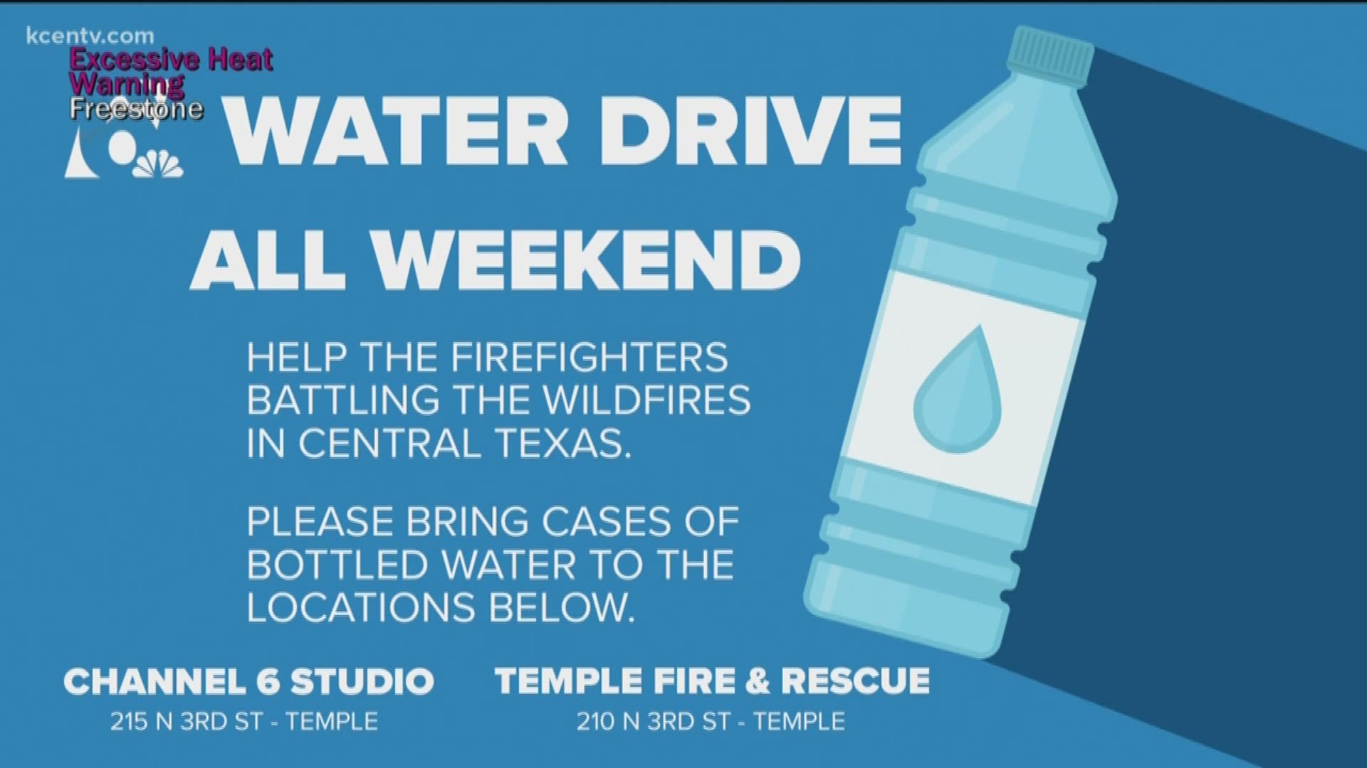 Bring bottles of water to the KCEN station or the Temple Fire Department for firefighters battling the multiple fires burning in the area.