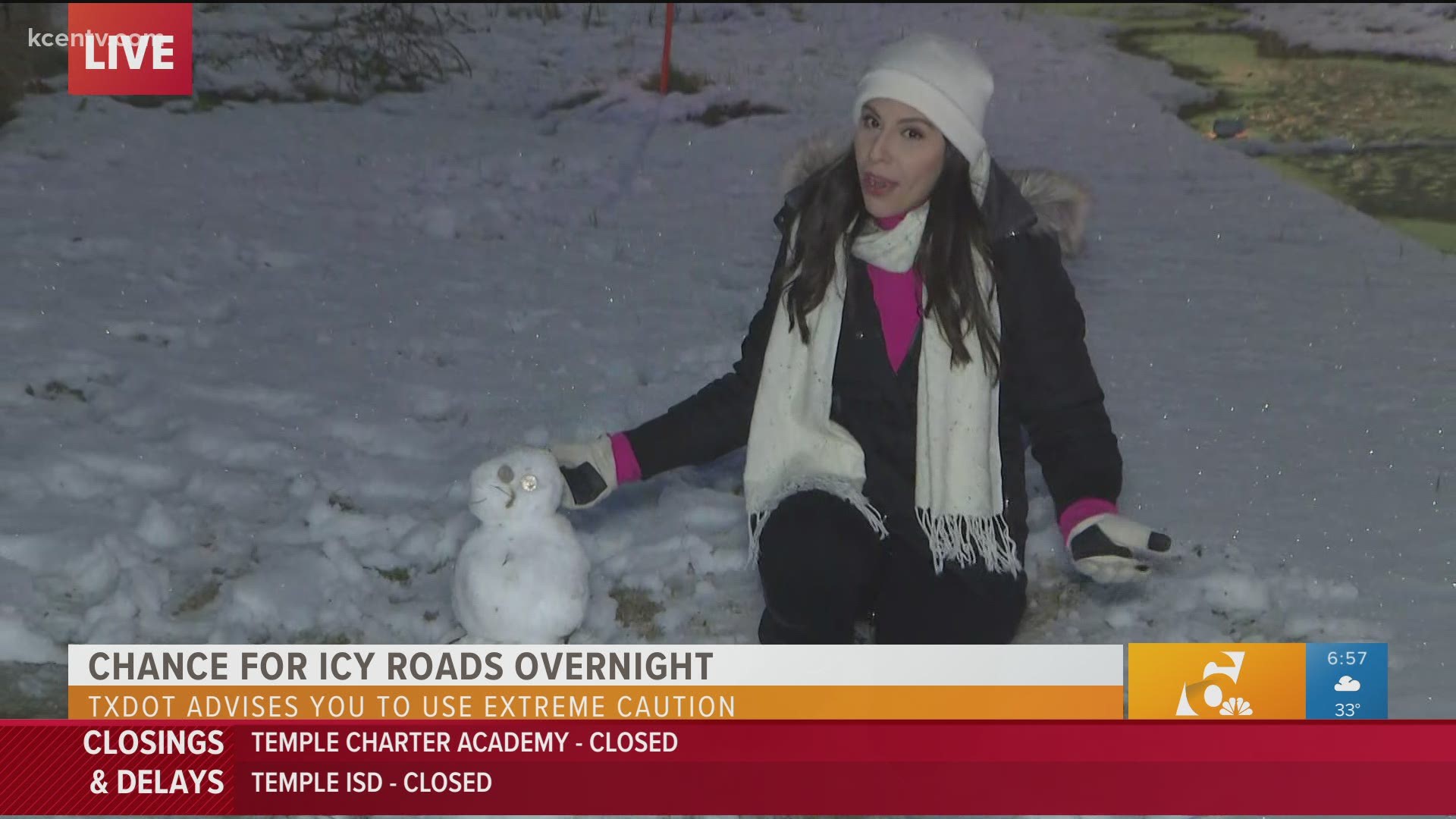 Texas Today reporter Maria Aguilera monitors winter road conditions in Waco and builds a snowman.