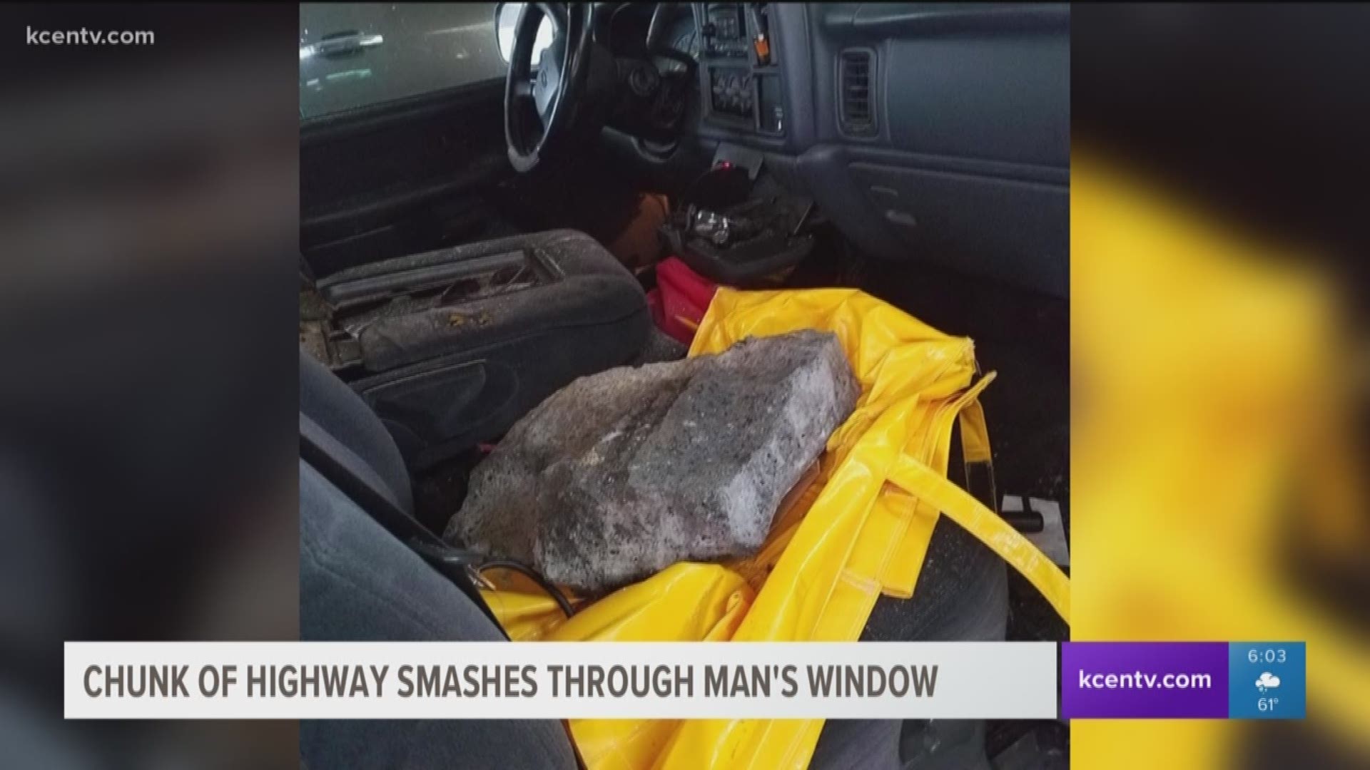 A Waco man is lucky to be alive after a piece of the interstate crashes through his window