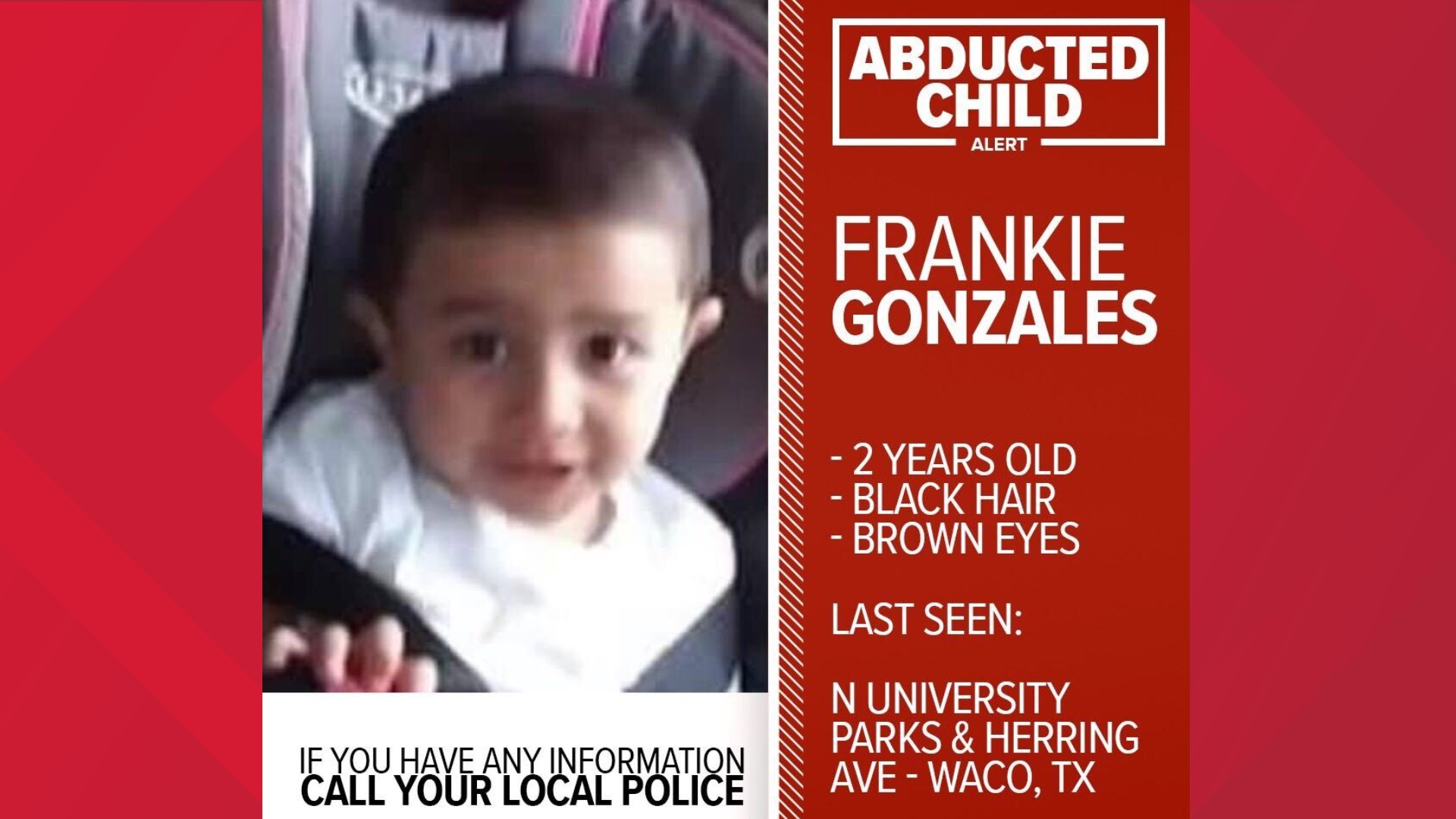 An abduction alert was issued for Frankie Gonzalez by the Texas Amber Alert Network. Law enforcement officials believe him to be in grave danger.