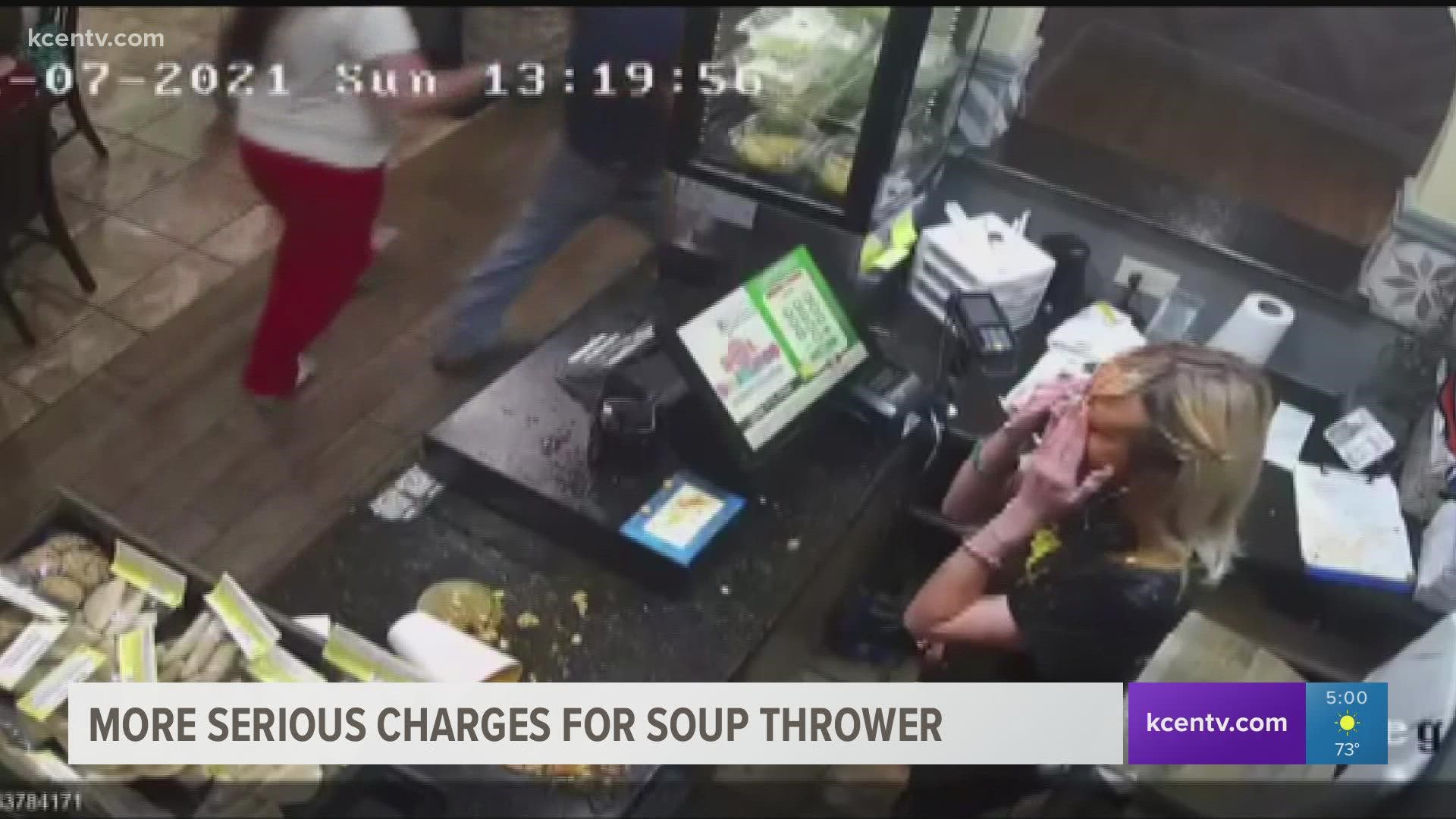 More serious charges for soup thrower after a Class C complaint was dismissed by the city court, according to Temple Police.