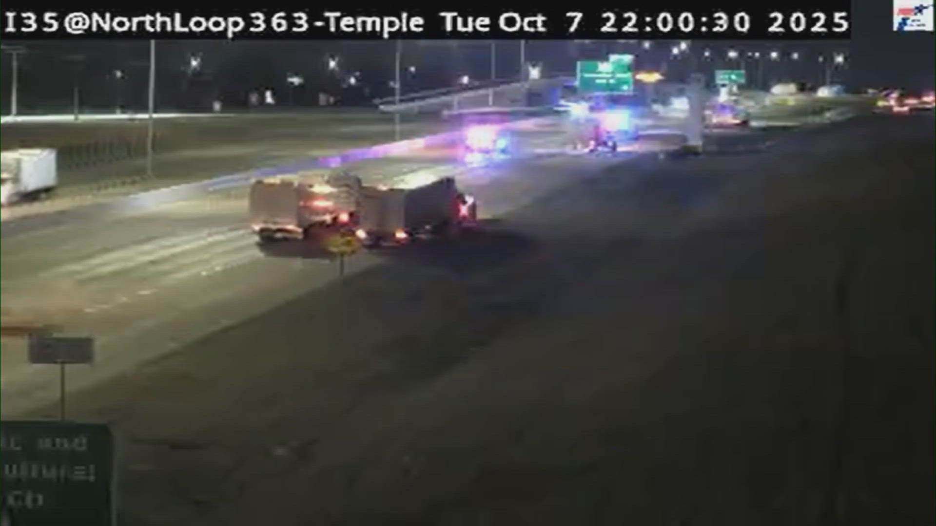 Semi-truck crash on southbound I-35 near mile marker 303 in Temple left truck hanging over bridge. Driver hospitalized, hazmat on scene.
