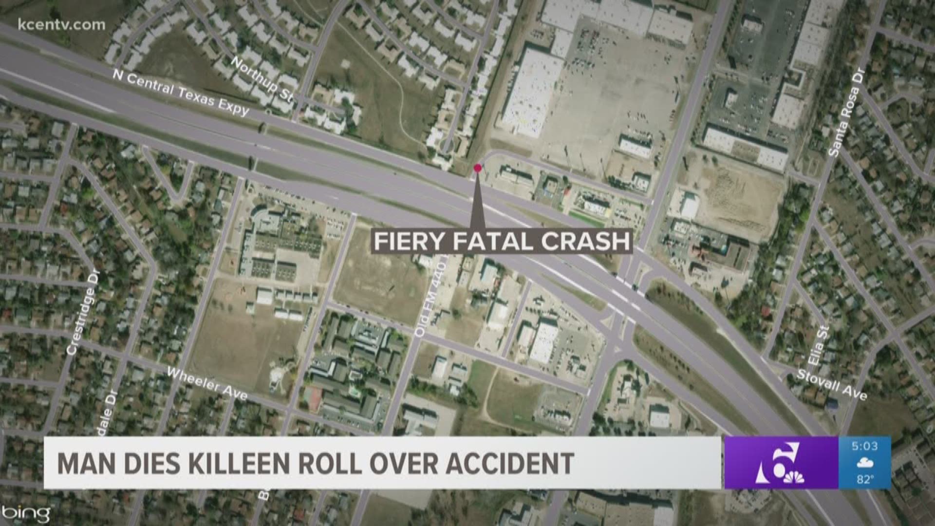 His car struck the median along IH-14 in Killeen and went up in flames, according to police.