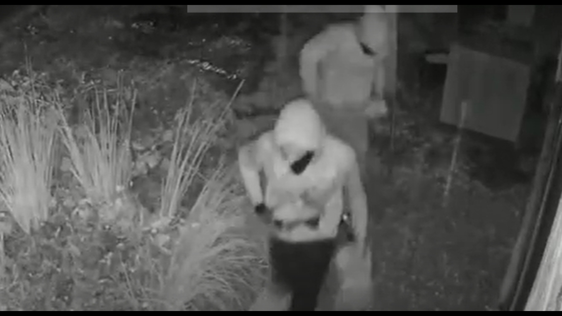 Two individuals of slender build were captured on surveillance footage carrying a gas can to the back of the building.