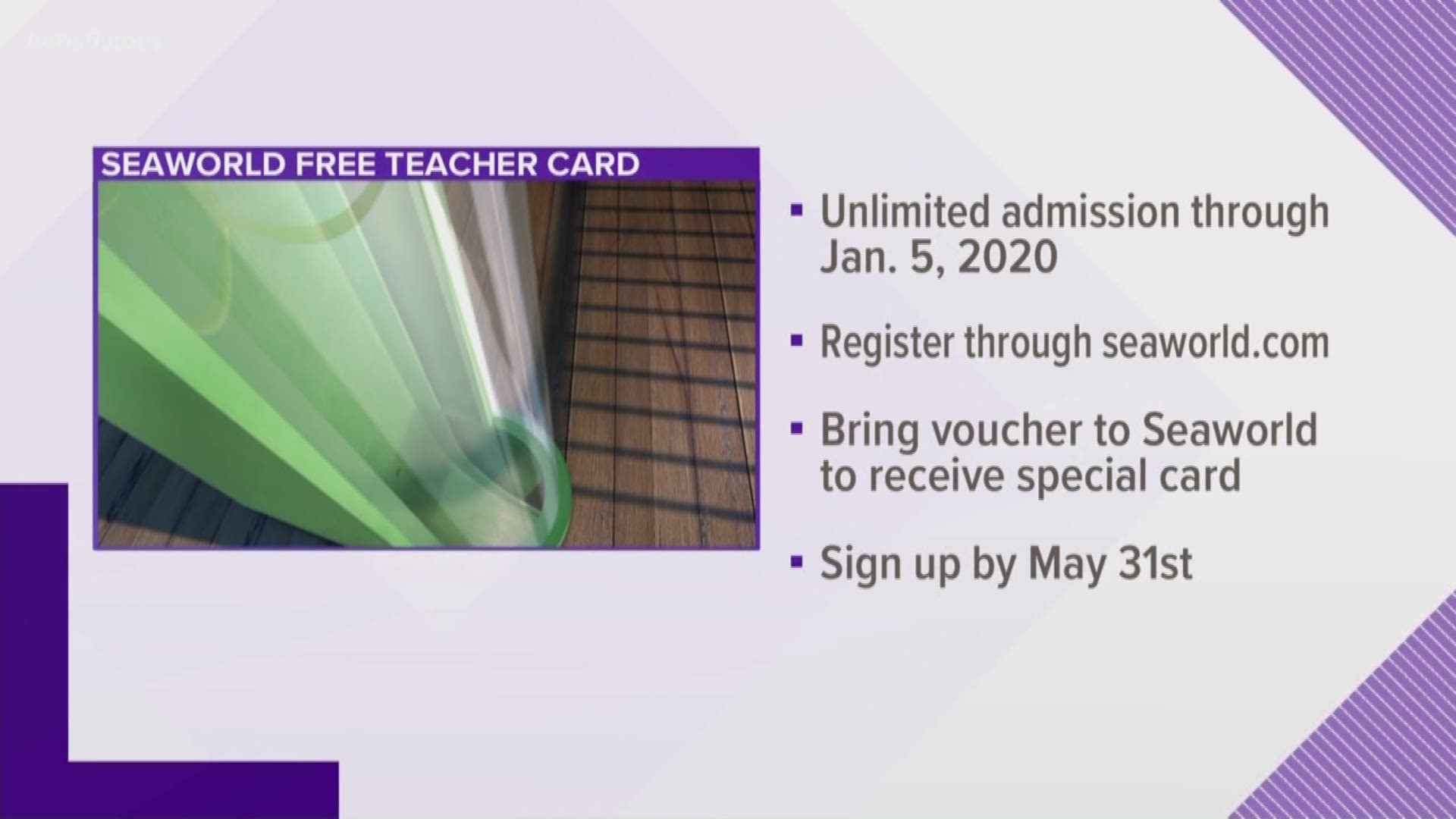 Teachers in the Lone Star State can take advantage of a limited-time offer at SeaWorld San Antonio - the new Teacher Card.

The offer is available to all Texas credentialed Pre-K-12 school teachers through May 31. Teachers need to register through SeaWorld's website to receive a voucher, which is then brought to SeaWorld San Antonio and redeemed for the special card.