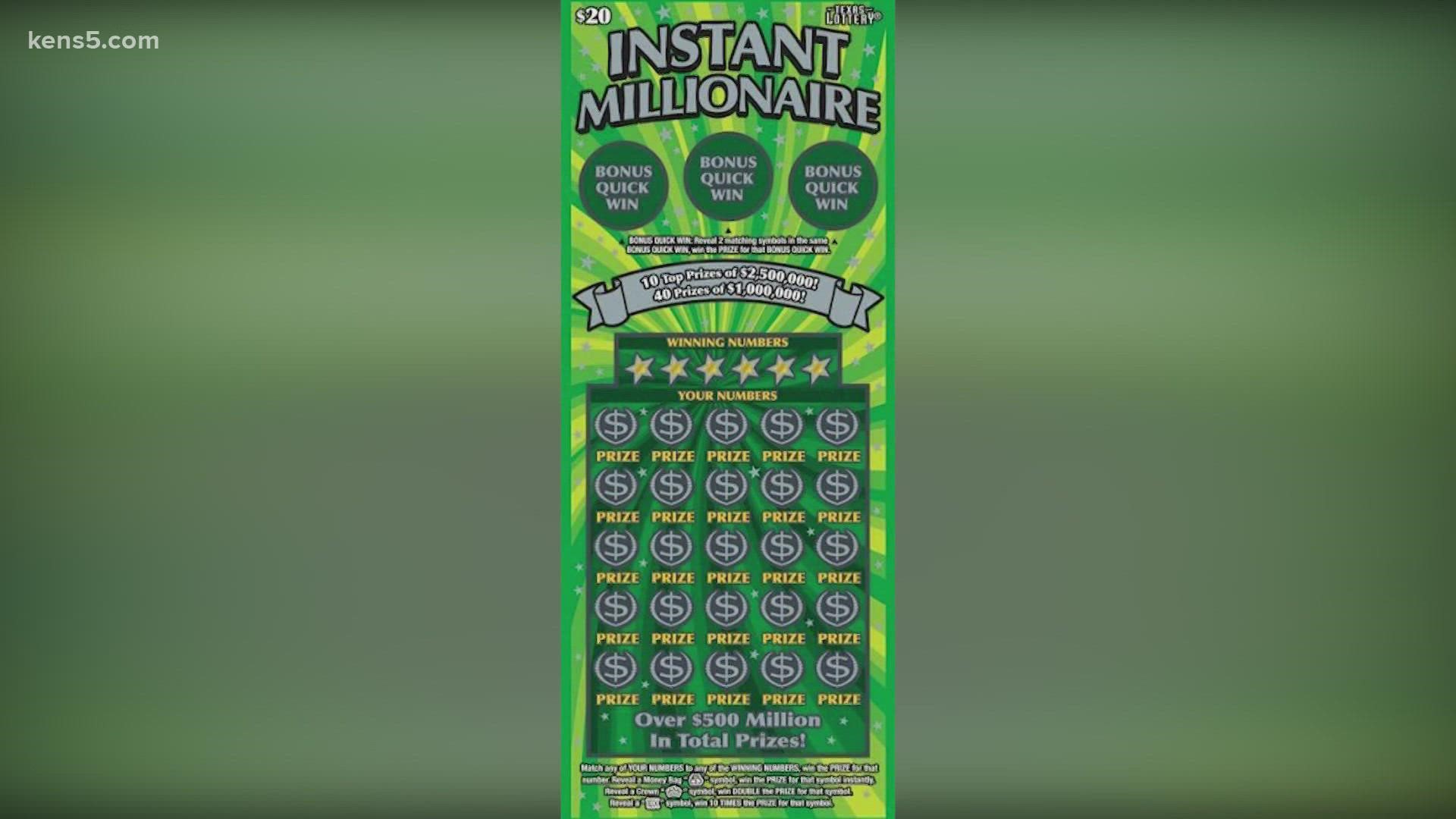 The Texas Lottery sent a press release saying a Helotes resident claimed a top prize winning ticket worth $2.5 million playing Instant Millionaire.