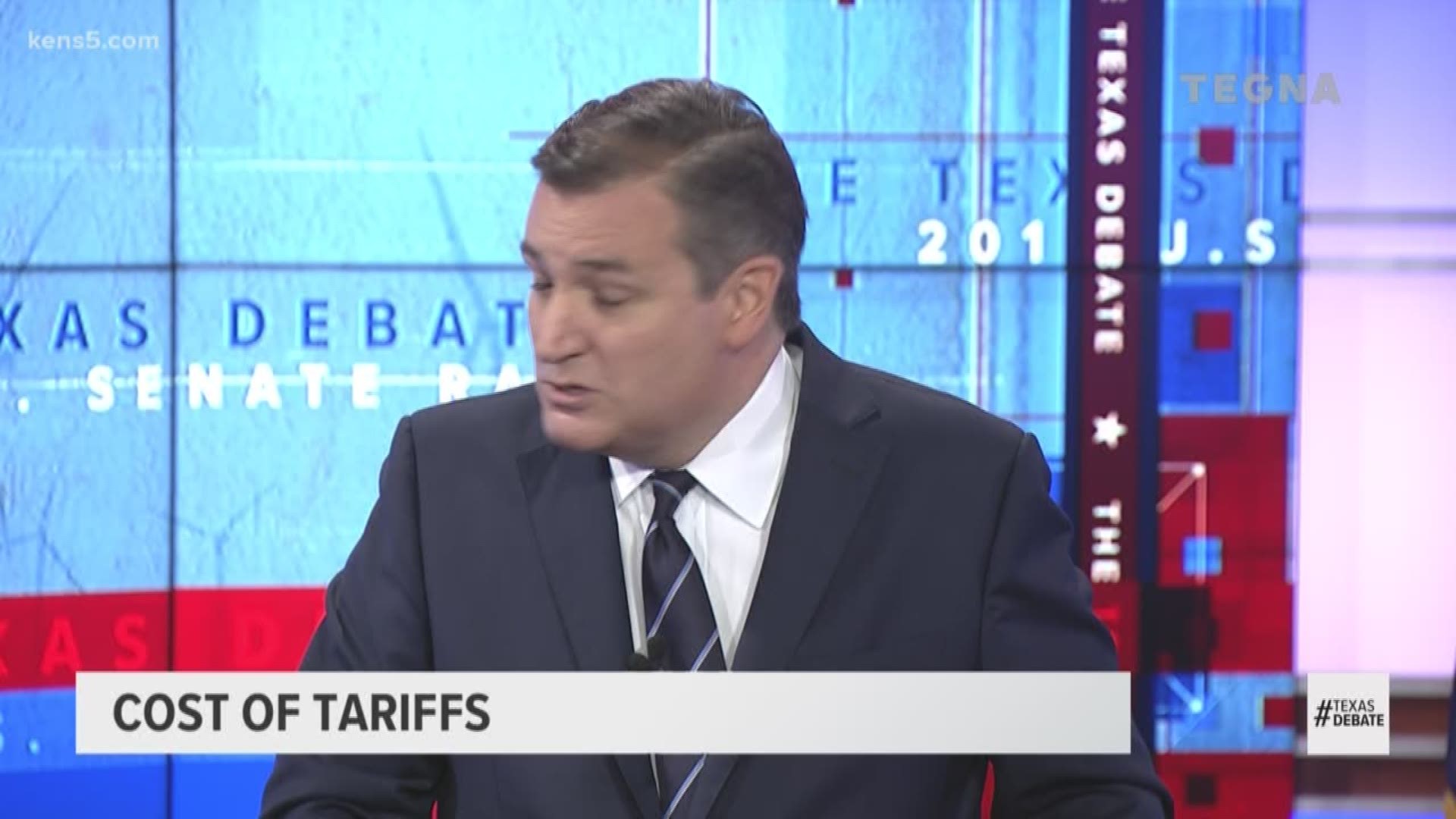 In response to a question on tariffs, Cruz said that O'Rourke would spend his years in a "partisan circus" shutting down the government. O'Rourke found the choice of words funny.