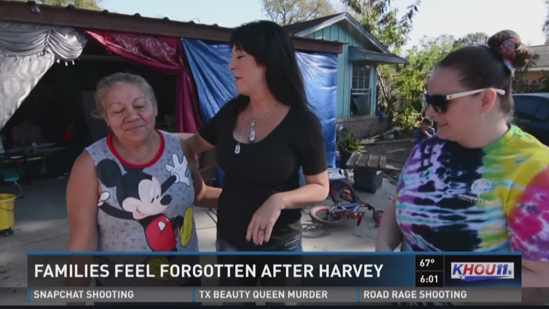 Three months after Hurricane Harvey hit and flooded her east Houston home, one grandmother is living with her family in a tent outside her home.