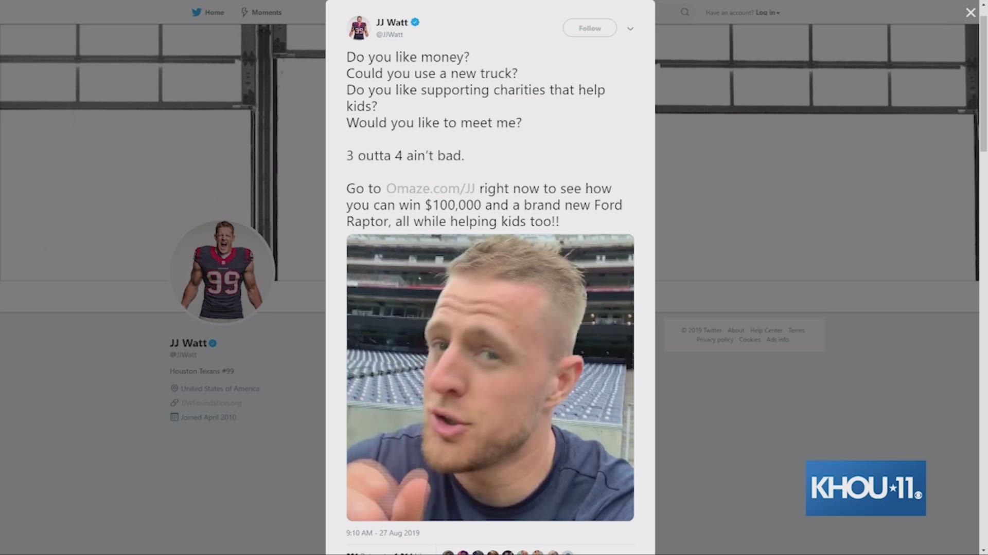 J.J. Watt is at it again. This time the Houston Texans star is giving away a chance to win $100,000 and a brand-new Ford Raptor, all while helping children.