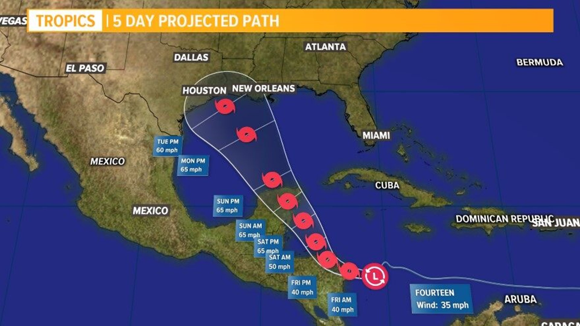 Tropical Depression 14 spaghetti models, track and satellite