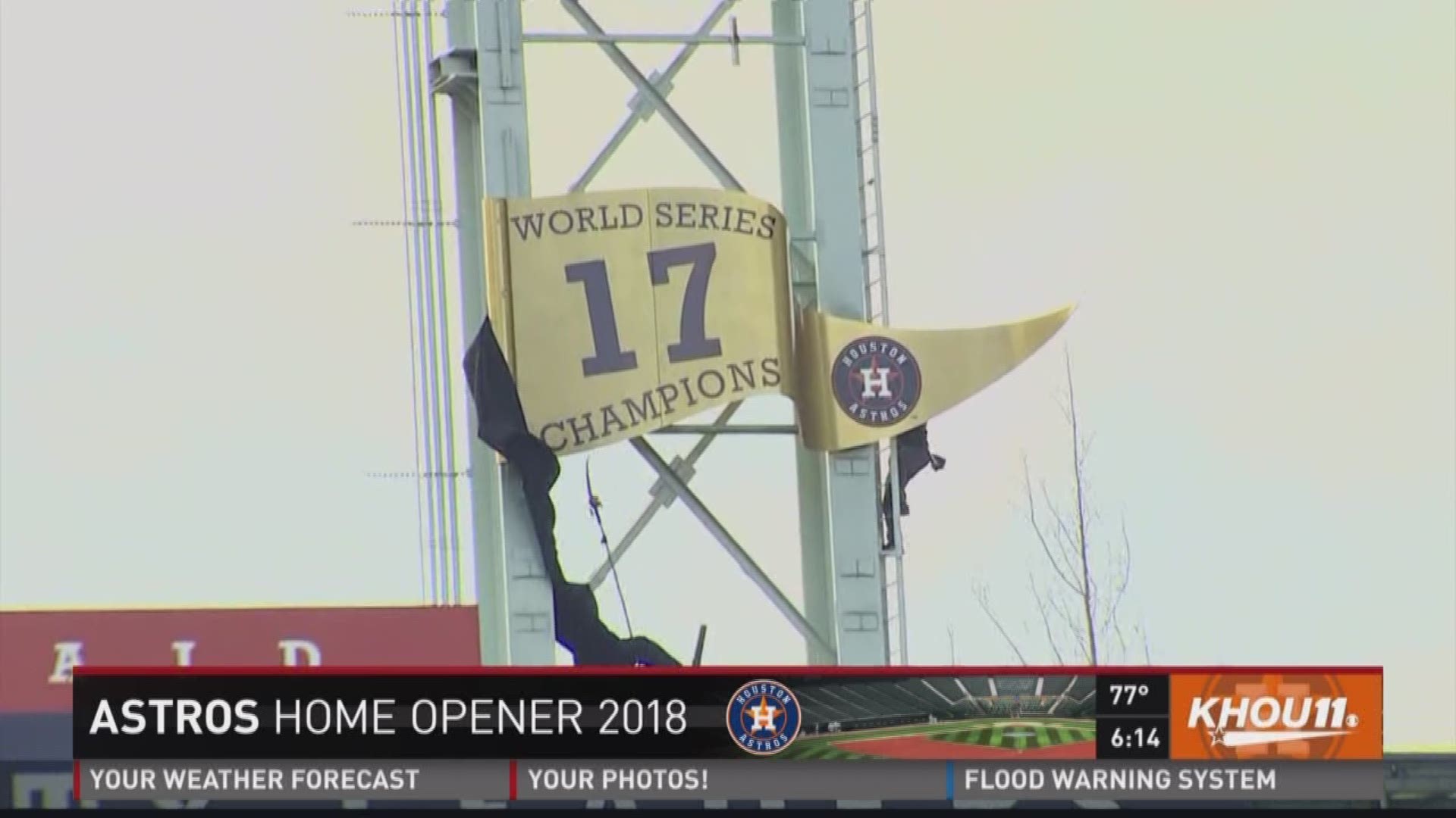 The Houston Astros unveiled their World Series Championship pennant Monday night before their home opener against the Baltimore Orioles.