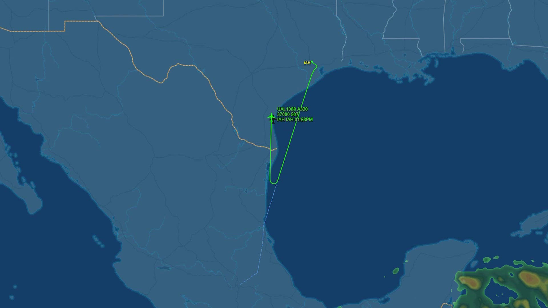 The United Airlines Airbus took off from IAH just before noon and returned just after 2 p.m. The plane is an Airbus A320.
