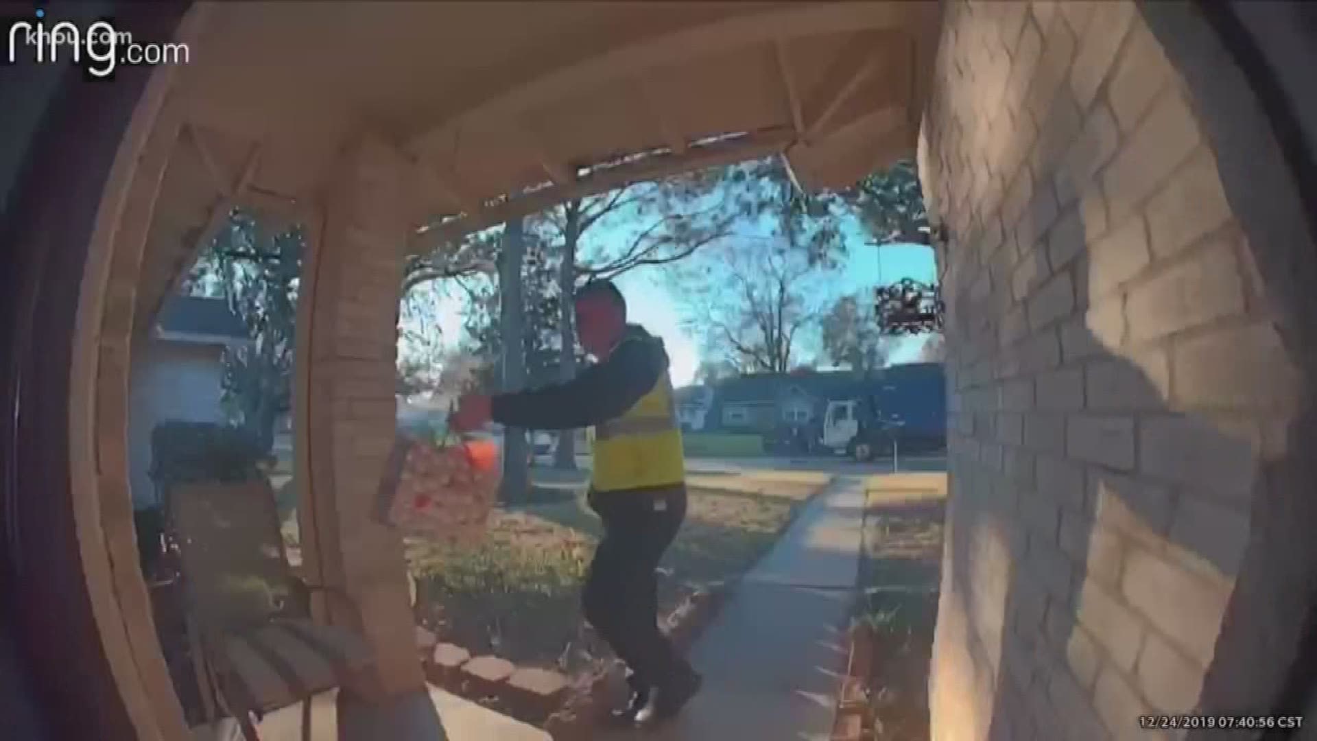 An unexpected surprise on Christmas Eve from the garbage man made the day of 2-year-old Aiden from Missouri City.