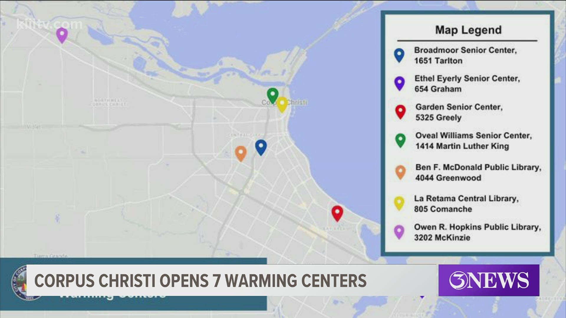 Seven locations have been designated by the City of Corpus Christi as warming centers for those in need. Doors open at noon Friday.