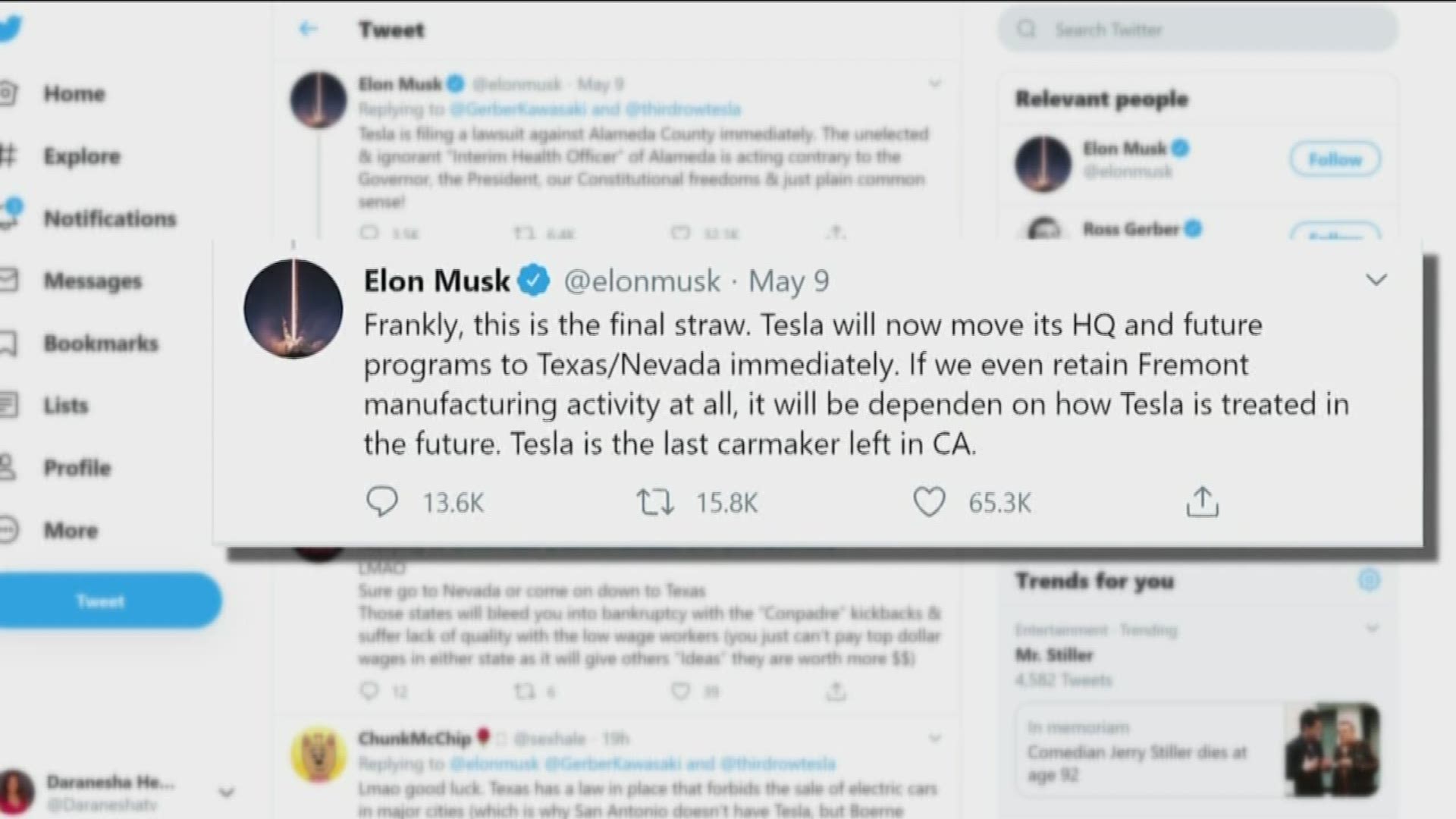 Elon Musk tweeted this weekend that he may move his Tesla factory to Texas.