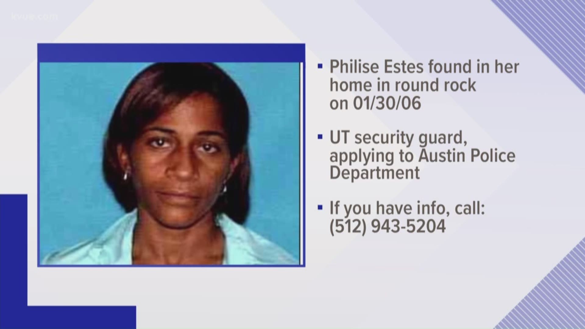 Philise Estes was found dead in her Round Rock home on Jan. 30, 2006. She was a security guard for the University of Texas, and was trying to become an Austin police officer.