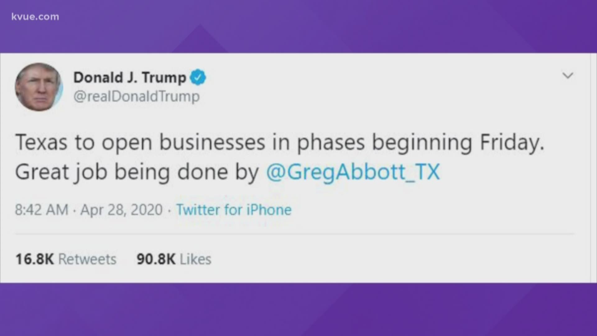 The president praised the governor for his latest order allowing retail, restaurants and movie theaters to reopen on May 1.