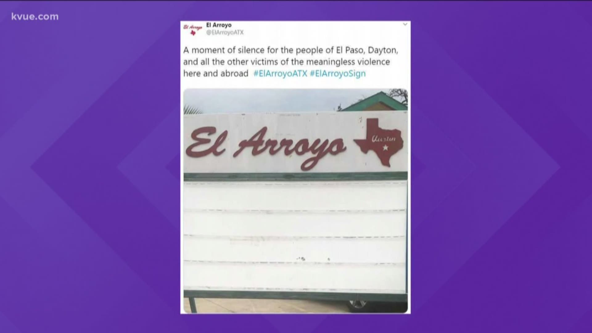 Known for its witty marquee sign out front, Austin's El Arroyo was noticeably blank after two recent mass shootings.