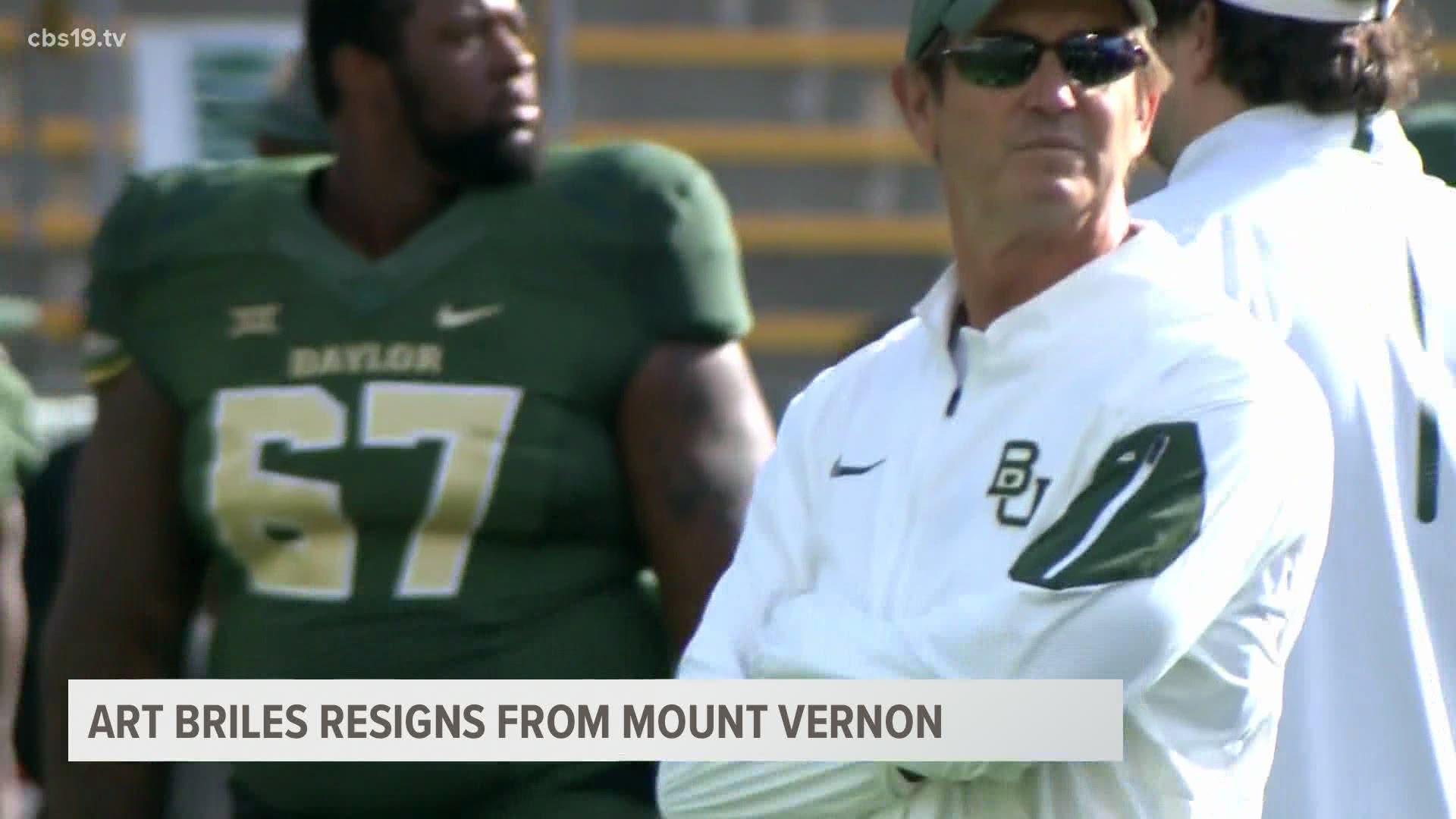Art Briles has resigned as the head football coach at Mount Vernon High School following the team's 24-17 loss to Jim Ned in the UIL 3A Division I state semifinals.