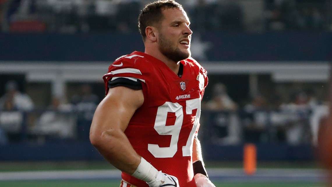 Download San Francisco 49ers defensive end Nick Bosa warms up