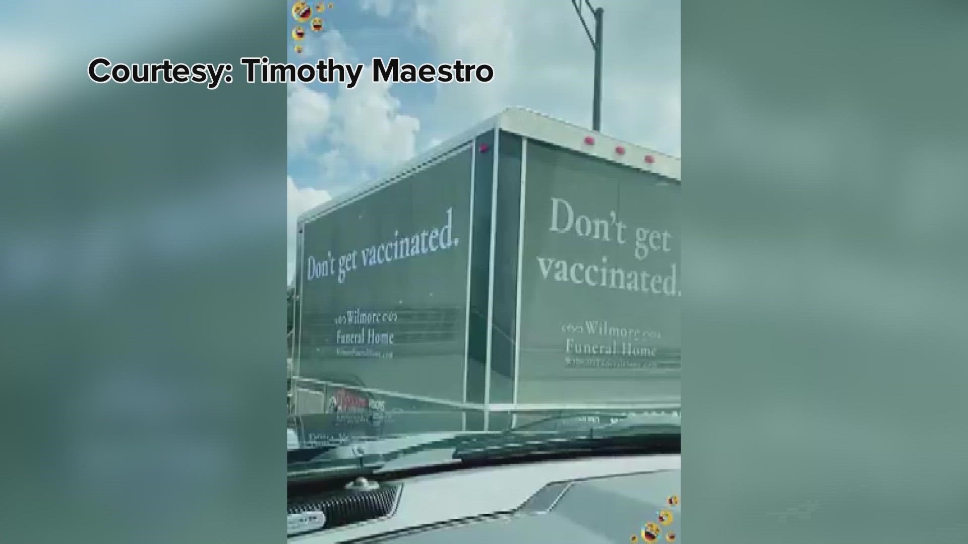 A box truck appearing to advertise a funeral home was actually a publicity stunt encouraging COVID-19 vaccines in Charlotte.