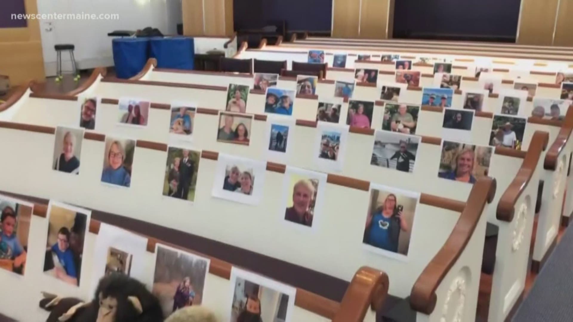 More than 120 printed photos fill the pews at the First Parish Church in Saco during streaming services.
