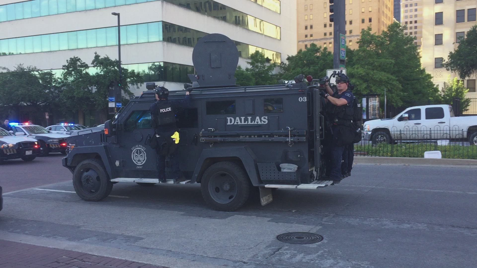 A tactical vehicle was seen responding to the protests in downtown Dallas on Saturday.