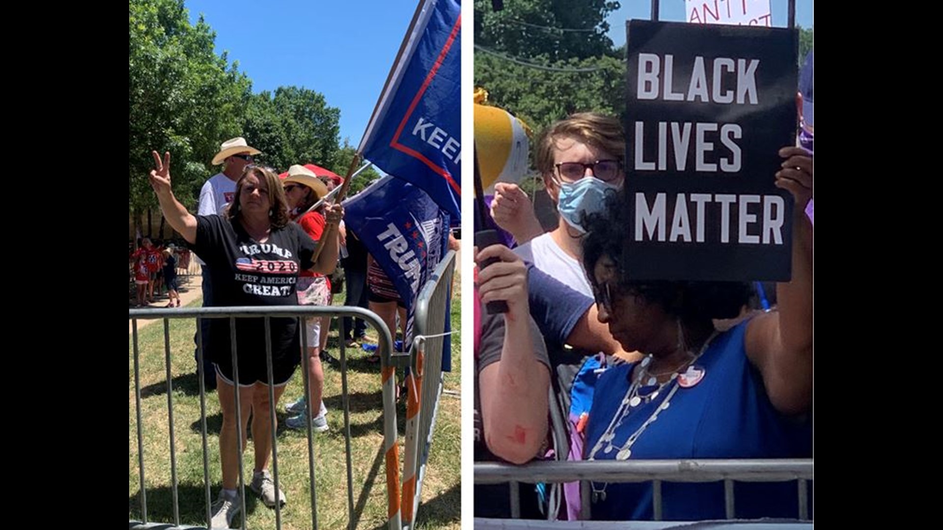 Protesters and supporters of President Trump shouted at each other outside Gateway Church in Dallas as the president held a roundtable to discuss policing.