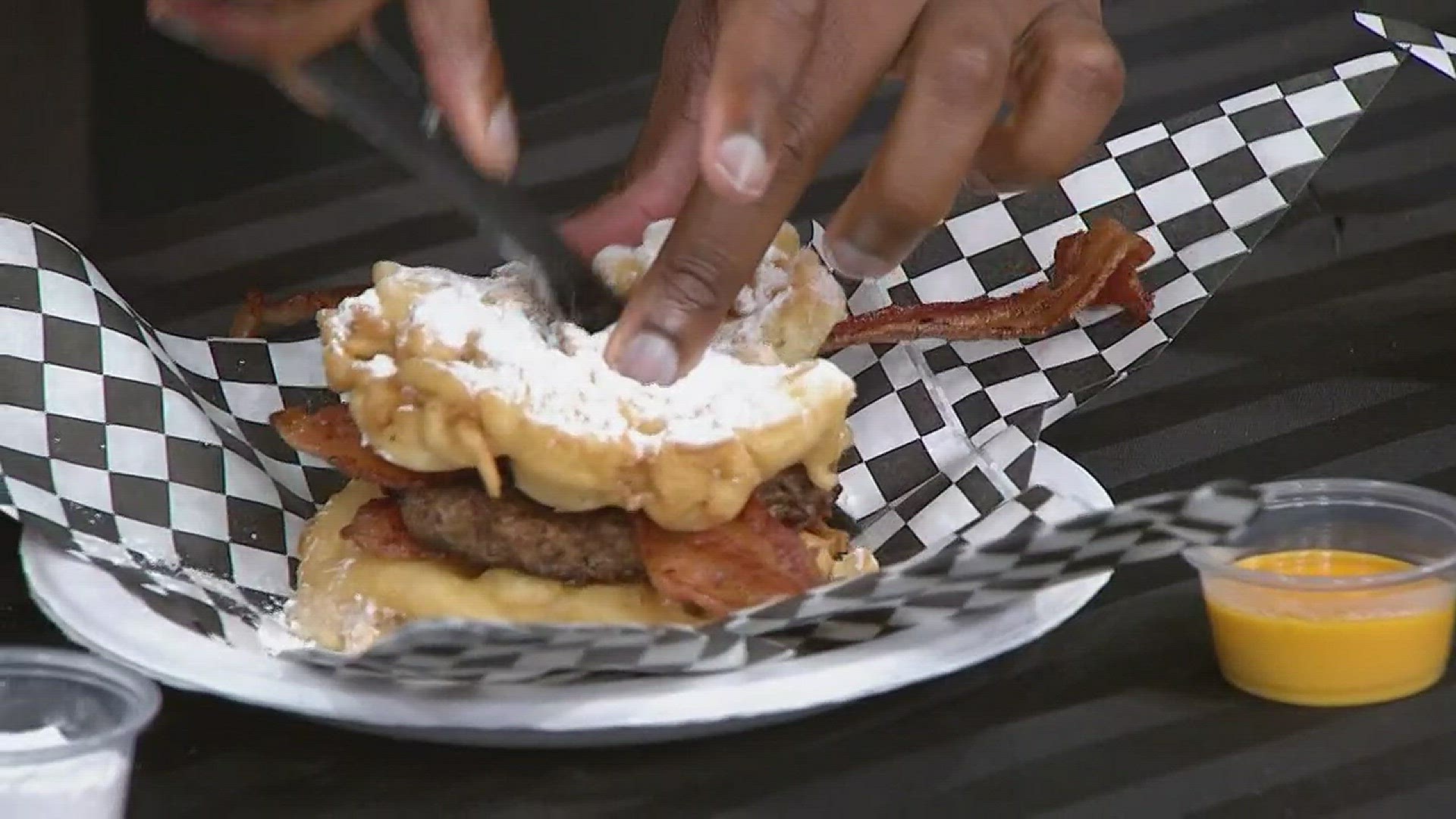 Closer look at the Funnel Cake Bacon Queso Burger
