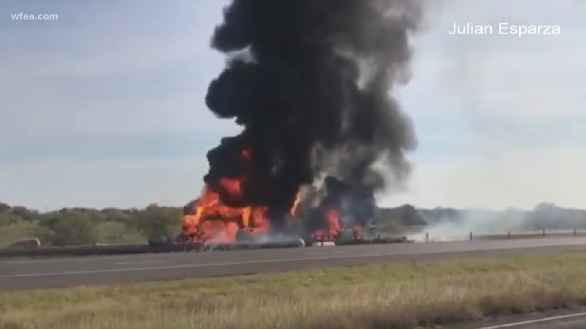 Police shut down northbound lanes of I-35W as firefighters worked the scene after the 18-wheeler caught fire.