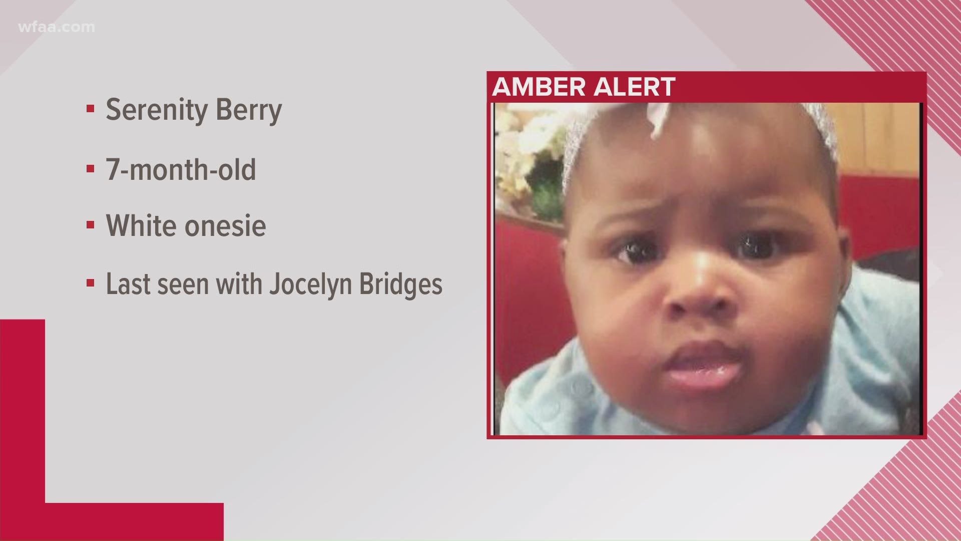 Irving police believe Serenity is in grave danger. Anyone with any information is asked to contact the Irving Police Department at 972-273-1010 or 911 immediately.