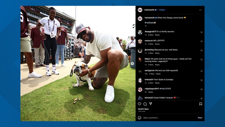 Dak meets Dak: Cowboys QB watches bulldog named after him take over as new mascot at Mississippi State