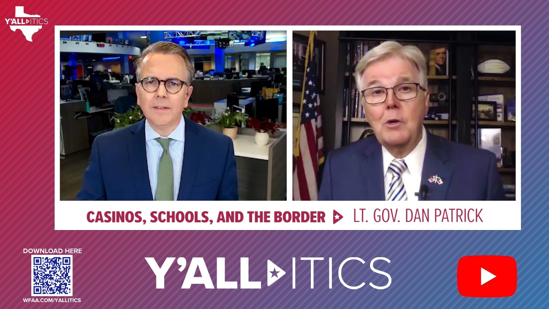 In this Y’all-itics, Dan Patrick explains how school choice will work, how big another property tax cut might be and whether you should be placing bets on gambling.