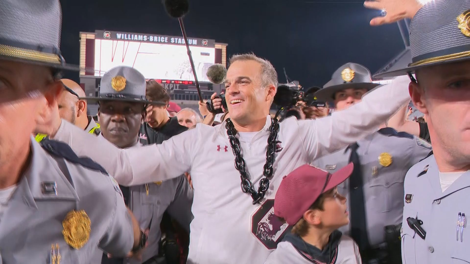 A look at the celebration on the field at Williams-Brice Stadium as South Carolina takes advantage of a top-10 opportunity under the lights at Williams-Brice Stadium