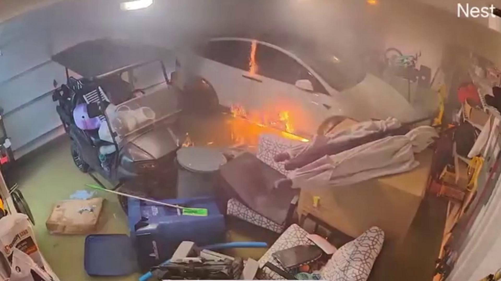 Pinellas County officials posted a video warning residents to be careful with their electric vehicles after one caught fire inside a garage.