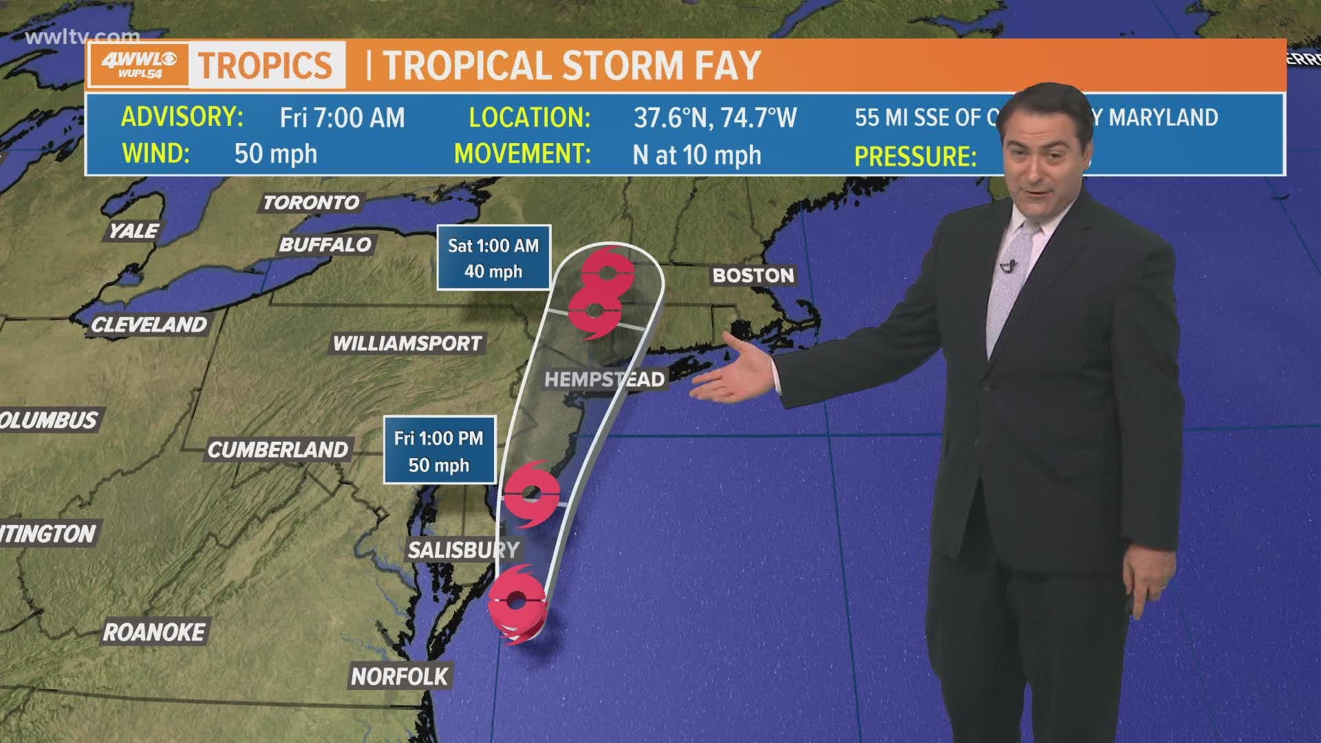Tropical Storm Fay will make landfall on New Jersey today and move over New York City tonight with heavy rain.